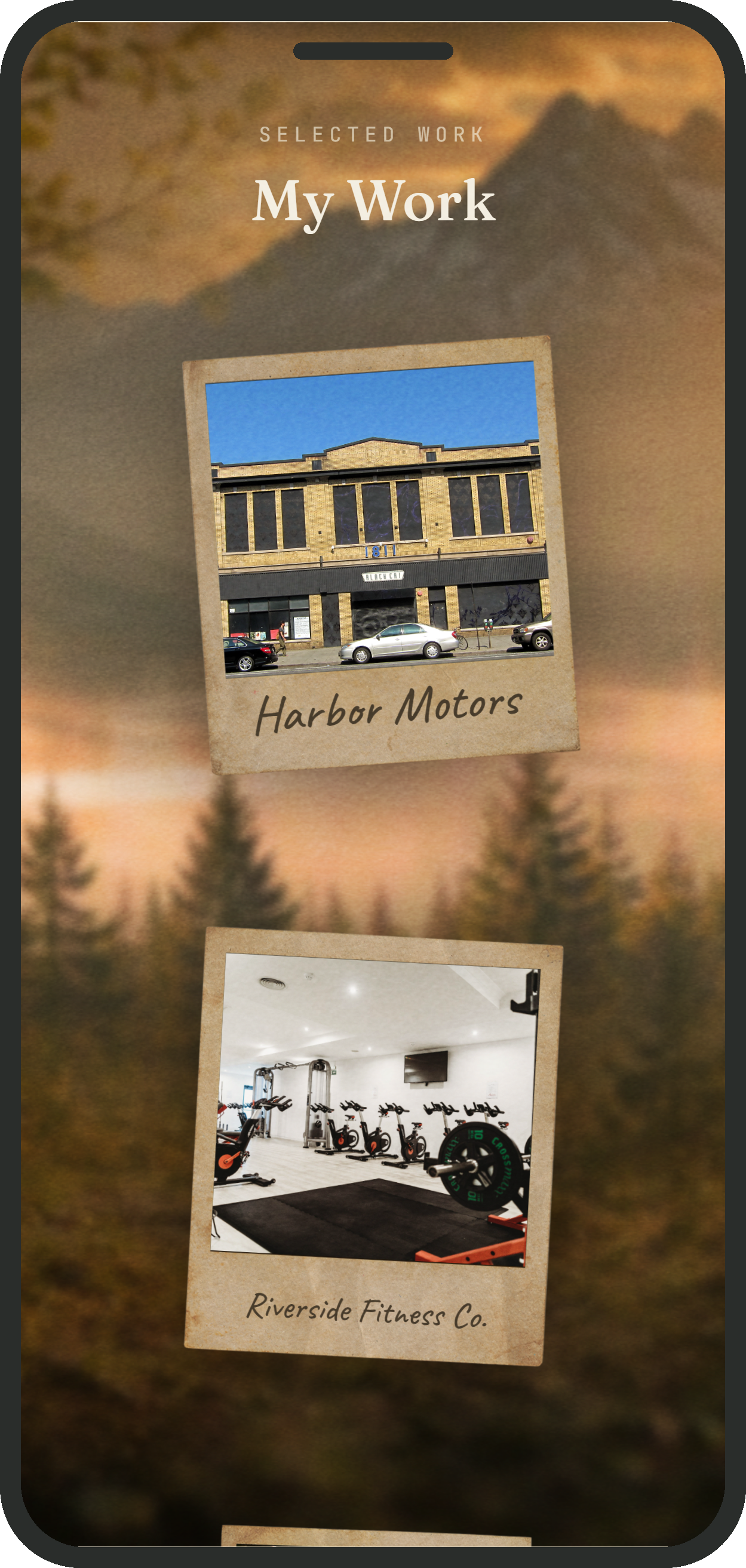 The site's work section on a phone: a scattered, polaroid-styled grid of selected projects.