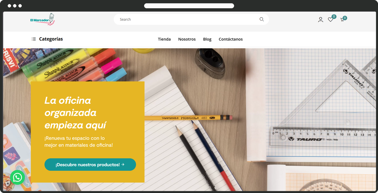 Papelería El Marcador online store shown in a browser: category nav, search, and a promotional banner over a desk-supplies photo.