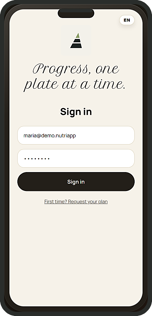 NutriApp sign-in screen.