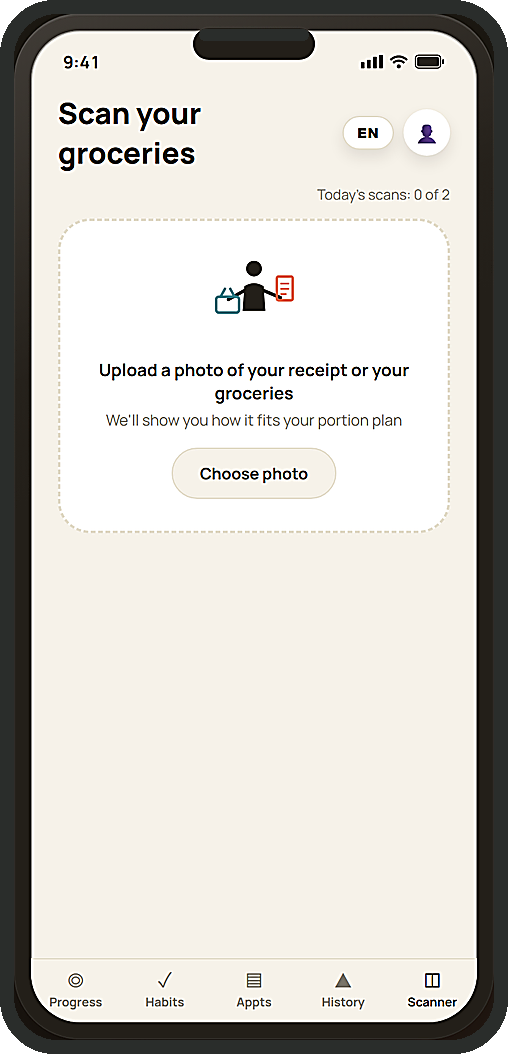 NutriApp grocery scanner screen.