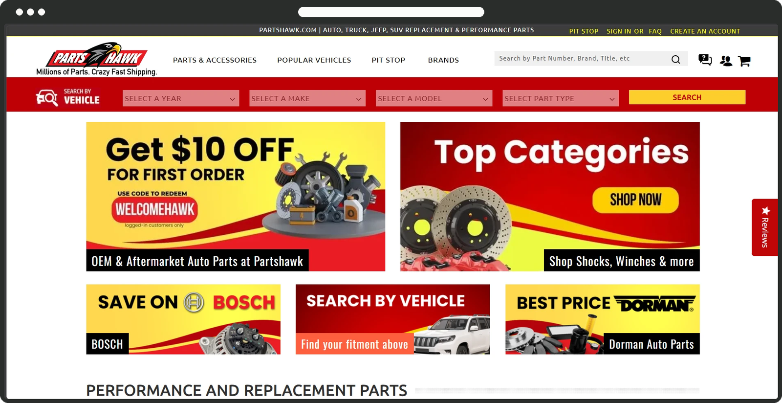 PartsHawk online auto parts store shown in a browser: year/make/model fitment search over a catalog of promotional banners.
